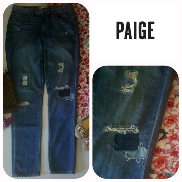 🍬PAIGE🍬 Distressed Patched Skinny Blue Jeans - Picture 8 of 8